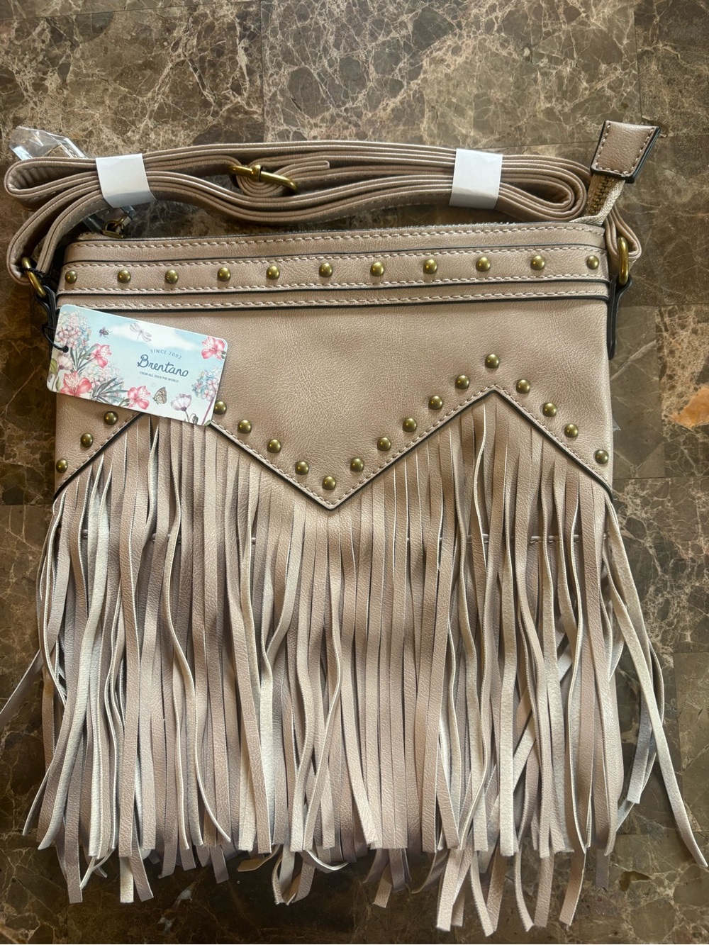 Brentano Taupe Fringe Crossbody with Stud Accents